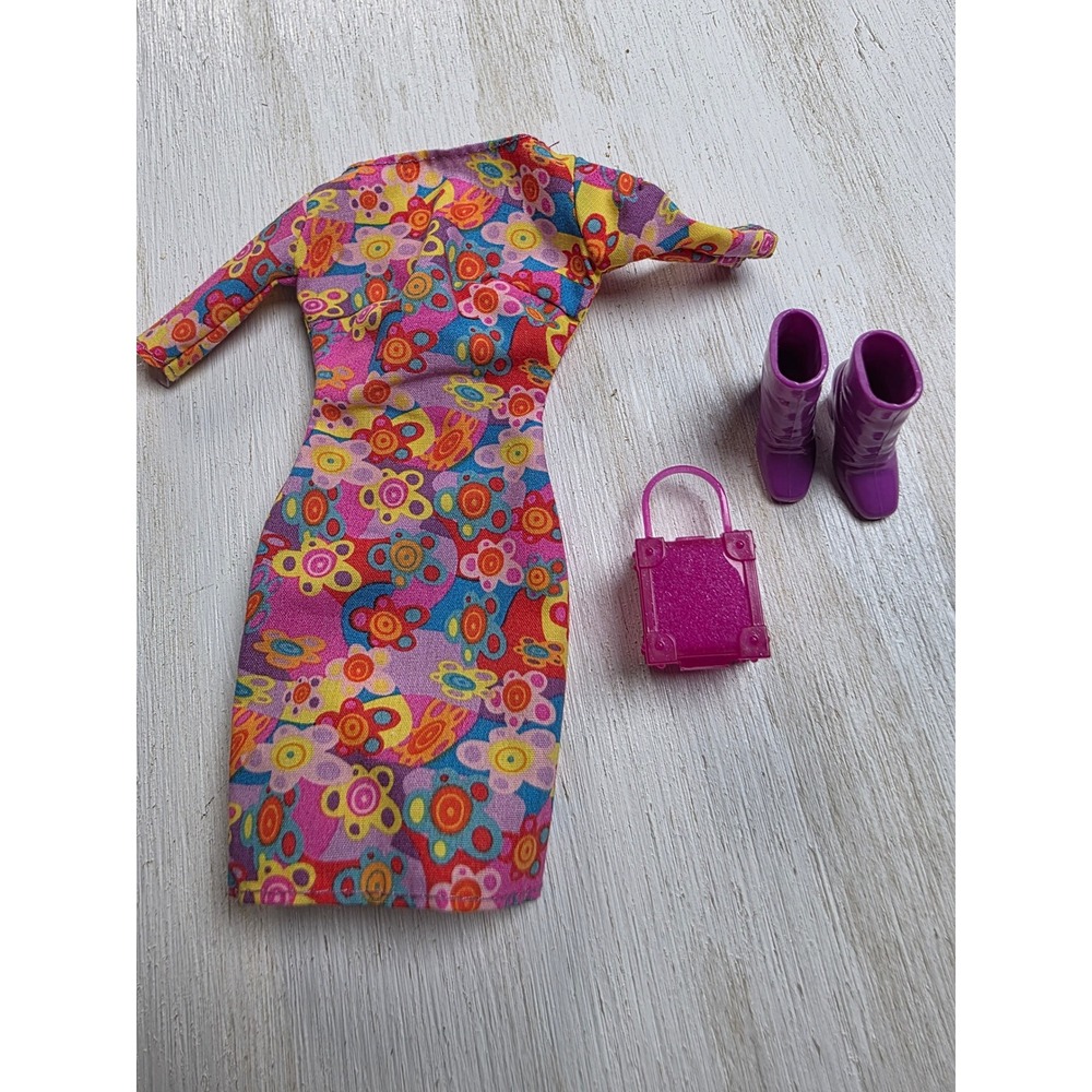 Vintage 2001 Barbie Floral Dress Set Purple Boots Pink Suitcase Boho Y2K Outfit